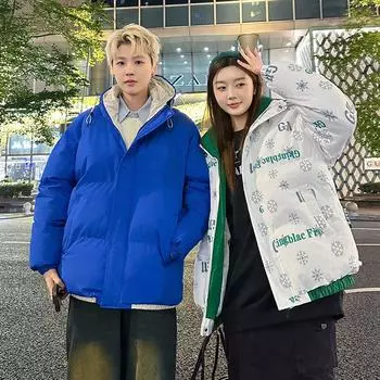 Мужской новый зимний утепленный хлопковый костюм с контрастным цветом, женское пальто, студенческая свободная куртка с хлопковой подкладкой для пары S