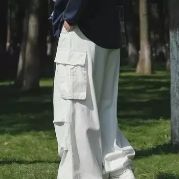 Мужской облегающий белый комбинезон в стиле хип-хоп с широкими штанинами и большими карманами L белый