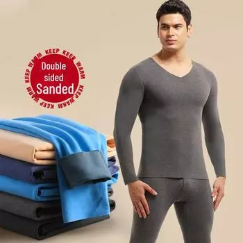 Мужской облегающий осенне-зимний термокостюм с бархатной подкладкой: Включает в себя нижнюю рубашку и бесшовное утепленное нижнее белье XXL