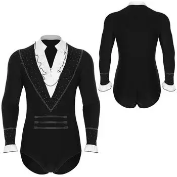 Мужской облегающий танцевальный купальник-комбинезон для латиноамериканских танцев, танго, бальных танцев, длинный рукав, оборчатый воротник, блестящий боди со стразами XXL белый/чёрный