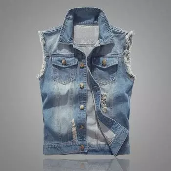 Мужской облегающий жилет из светло-голубого джинсового рваного кроя в корейском стиле L чёрный