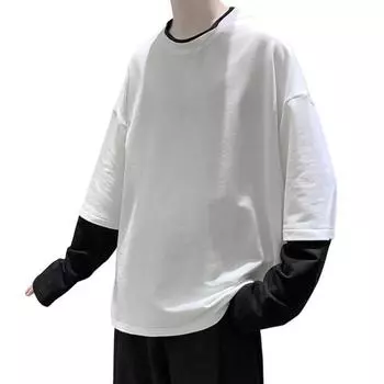 Мужской однослойный повседневный топ с цветными блоками, круглым вырезом, большим размером, с длинным рукавом, свободные спортивные топы XS