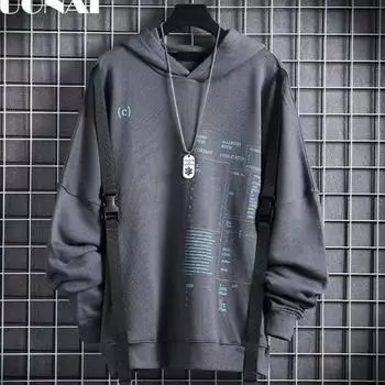 Мужской однослойный свитер с капюшоном на весну и осень, удобный повседневный свитшот большого размера с капюшоном, свободный топ с принтом 3XL чёрный