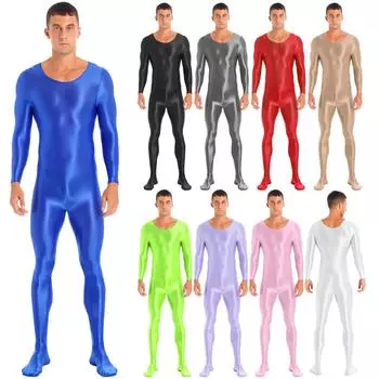 Мужской однотонный бодистокинг с длинным рукавом и круглым вырезом, эластичная ночная одежда для отдыха M