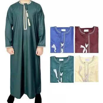 Мужской однотонный халат-кафтан с длинными рукавами и вышитыми манжетами на шее, исламский кафтан-табак в стиле Саудовской Аравии 52 зелёный