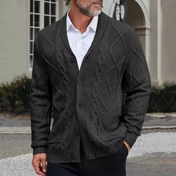 Мужской однотонный кардиган с открытой передней частью, отложным воротником, длинными рукавами и узором «косы» вязаное пальто L чёрный