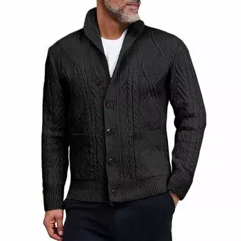 Мужской однотонный кардиган с толстой кабельной вязкой, приталенного кроя XXL чёрный