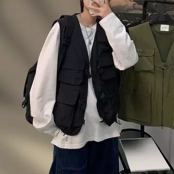 Мужской однотонный многокарманный рабочий жилет для занятий спортом на открытом воздухе L чёрный