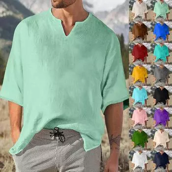 Мужской однотонный плиссированный топ с рукавом четверть, мужской топ с v-образным вырезом в стиле ретро M