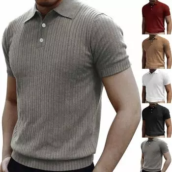 Мужской однотонный полосатый топ с пуговицами и лацканами с коротким рукавом, повседневные модные топы для мужчин XL чёрный