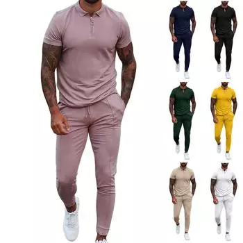 Мужской однотонный повседневный комплект брюк с отложным воротником на молнии с короткими рукавами и эластичной резинкой на талии L армия зеленый