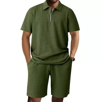 Мужской однотонный повседневный комплект из двух предметов с короткими рукавами и воротником XXL