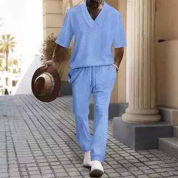 Мужской однотонный повседневный комплект из двух предметов с короткими рукавами и воротником M