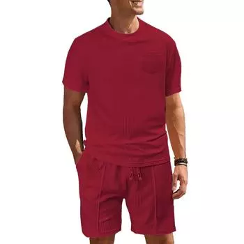 Мужской однотонный повседневный комплект из двух предметов с круглым вырезом и короткими рукавами M винный