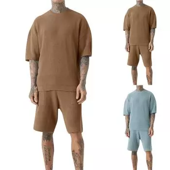 Мужской однотонный повседневный комплект из двух предметов с круглым вырезом и короткими рукавами L синий