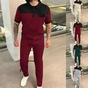 Мужской однотонный повседневный комплект из двух предметов с короткими рукавами и воротником XXXL винный