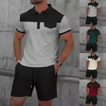 Мужской однотонный повседневный комплект из двух предметов с короткими рукавами и воротником L темно-зеленого