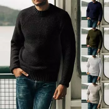 Мужской однотонный повседневный пуловер с круглым вырезом, свитер с длинным рукавом, трикотаж XXL