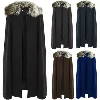 Мужской однотонный средневековый шерстяной плащ в стиле ретро с большим меховым воротником, накидка L чёрный