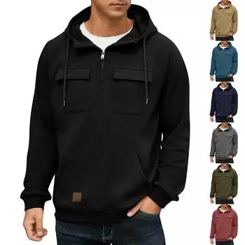 Мужской однотонный свитер с капюшоном, молодежная спортивная кожаная куртка-свитер с несколькими карманами в Европе и Америке L армия зеленый