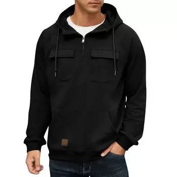 Мужской однотонный свитер с капюшоном, молодежная спортивная кожаная куртка-свитер с несколькими карманами в Европе и Америке S чёрный