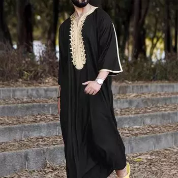 Мужской однотонный свободный мусульманский халат с V-образным вырезом и короткими рукавами, вышитый L