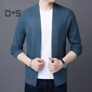 Мужской однотонный вязаный кардиган на весну и осень, свитер с длинными рукавами и карманами, пальто с открытой передней частью, повседневная вязаная куртка M чёрный