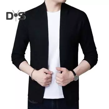 Мужской однотонный вязаный кардиган на весну и осень, свитер с длинными рукавами и карманами, пальто с открытой передней частью, повседневная вязаная куртка M чёрный