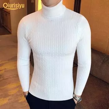 Мужской однотонный вязаный тонкий свитер с высоким воротником и длинным рукавом XL белый