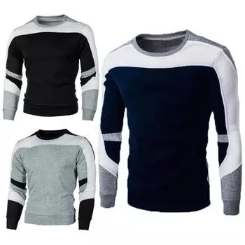 Мужской осенне-весенний свитшот одинакового цвета с круглым вырезом и длинными рукавами в стиле пэчворк, эластичный мягкий пуловер, облегающий мужской топ средней длины M темно-синий