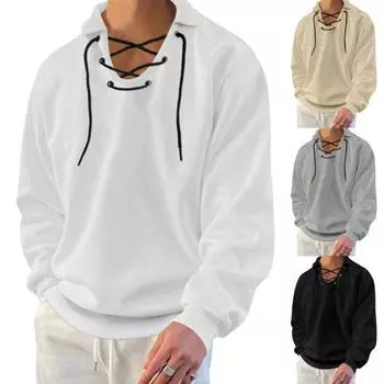 Мужской осенне-весенний топ на шнуровке с V-образным вырезом, однотонный свободный мягкий дышащий пуловер с длинными рукавами, эластичные манжеты, вафельная текстура, мужская рубашка средней длины L чёрный