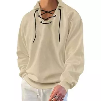 Мужской осенне-весенний топ на шнуровке с V-образным вырезом, однотонный свободный мягкий дышащий пуловер с длинными рукавами, эластичные манжеты, вафельная текстура, мужская рубашка средней длины M чёрный