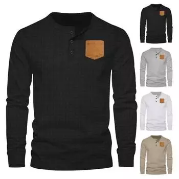 Мужской осенне-весенний топ с круглым вырезом и длинными рукавами, однотонный приталенный пуловер, мягкий дышащий повседневный топ на пуговицах средней длины L хаки