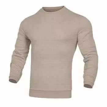Мужской осенне-весенний топ с круглым вырезом, однотонный, с длинным рукавом, вафельная текстура, облегающий мягкий дышащий свитер средней длины, мужская повседневная футболка M хаки