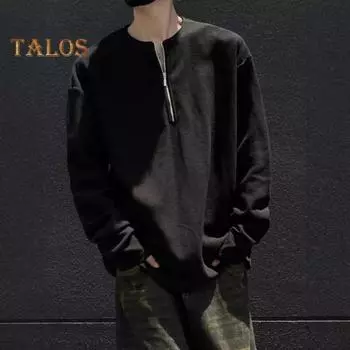 Мужской осенне-весенний топ с круглым вырезом, свободный, однотонный, с вафельной текстурой, с застежкой-молнией на половину длины, повседневная спортивная, школьная, рабочая толстовка L чёрный