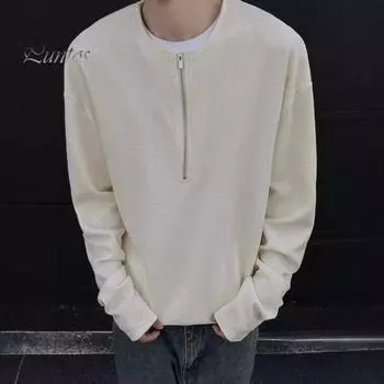 Мужской осенне-весенний топ с круглым вырезом, свободный, однотонный, с вафельной текстурой, с застежкой-молнией на половину длины, повседневная спортивная, школьная, рабочая толстовка M светло-серый