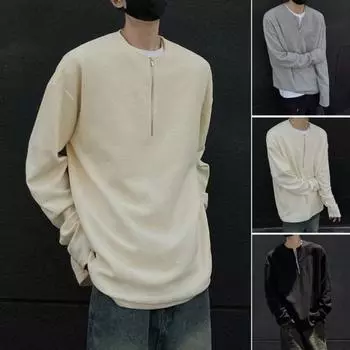 Мужской осенне-весенний топ с круглым вырезом, свободный, однотонный, с вафельной текстурой, с застежкой-молнией на половину длины, повседневная спортивная, школьная, рабочая толстовка M белый