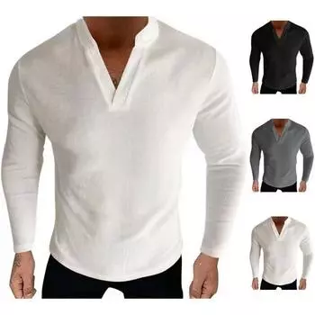 Мужской осенне-весенний топ с V-образным вырезом, однотонный тонкий пуловер с длинными рукавами, повседневная футболка средней длины с дышащей полосатой текстурой, повседневная одежда L чёрный