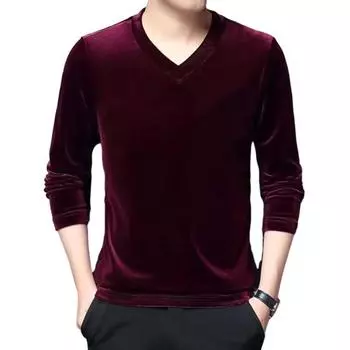 Мужской осенне-весенний топ с v-образным вырезом, однотонный бархатный пуловер с длинными рукавами, облегающий средней длины, мягкая теплая повседневная мужская зимняя футболка M вино красного