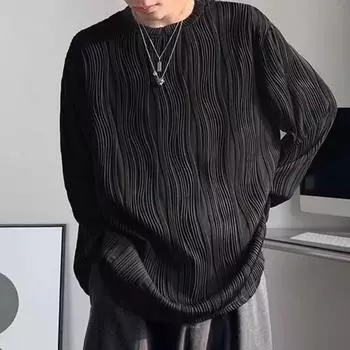 Мужской осенне-весенний верх с текстурой волны воды, круглым вырезом и длинным рукавом, негабаритный однотонный свободный пуловер в стиле хип-хоп, уличная одежда, мужская мягкая футболка средней длины 3XL белый