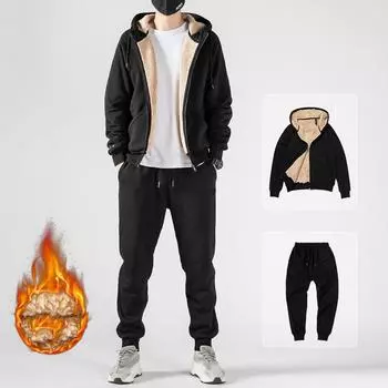 Мужской осенне-зимний флисовый утепленный спортивный костюм с капюшоном, толстовка с длинными рукавами + теплые брюки, комплект из 2 предметов XXXXXL чёрный
