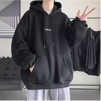 Мужской осенне-зимний флисовый утолщенный свитер больших размеров с капюшоном XS чёрный