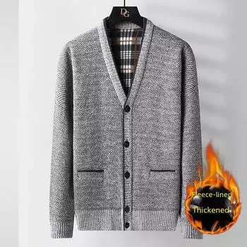 Мужской осенне-зимний кардиган с V-образным вырезом для людей среднего и пожилого возраста - повседневный свободный трикотажный свитер-куртка L коричневый