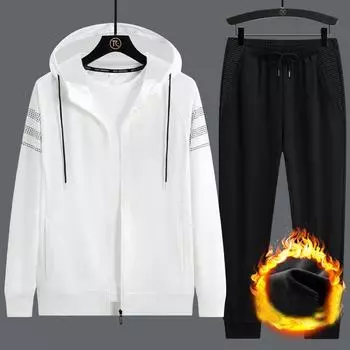 Мужской осенне-зимний кашемировый кардиган с капюшоном, пальто, спортивный костюм большого размера, повседневный трендовый свободный комплект из двух предметов для бега L белый