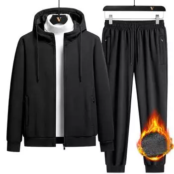 Мужской осенне-зимний мягкий теплый костюм, модный повседневный комплект из двух предметов с капюшоном M чёрный