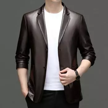 Мужской осенне-зимний новый кожаный мужской повседневный пиджак, тонкая кожаная куртка, деловой маленький мужской костюм L чёрный