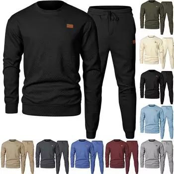 Мужской осенне-зимний однотонный полосатый длинный рукав круглый вырез толстовка брюки костюм S