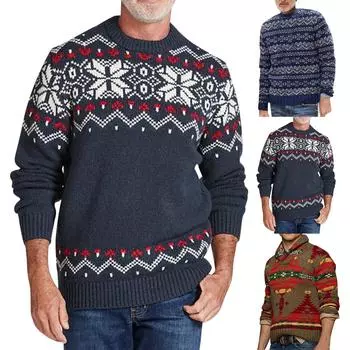 Мужской осенне-зимний повседневный вязаный свитер с декоративным узором и принтом L тёмно-синий