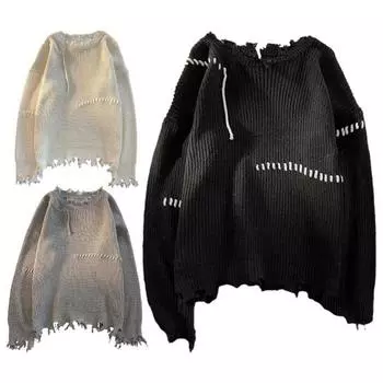 Мужской осенне-зимний рваный пуловер большого размера с длинными рукавами, вязаный свитер с круглым вырезом, свободный топ, повседневный спортивный свитер в стиле ретро 3XL