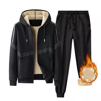 Мужской осенне-зимний спортивный и бархатный комплект из чистого хлопка для пар с одинаковым повседневным пальто, комплект для утреннего бега и фитнеса M чёрный